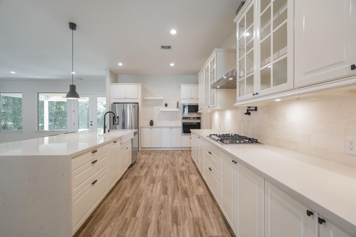 Interior, Kitchen, Pendant Lights, Recessed Lighting, Stainless Steel Appliances, Wood Texture Flooring