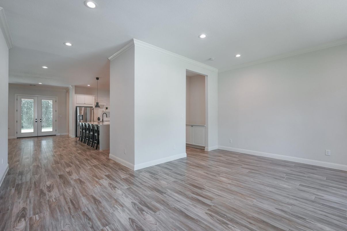Empty room, Interior, Kitchen, Pendant Lights, Recessed Lighting, Wood Texture Flooring