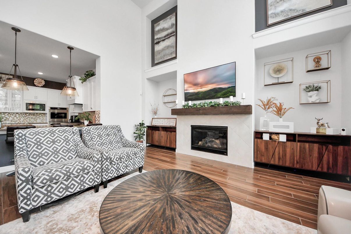 Fireplace, Interior, Kitchen, Pendant Lights, Recessed Lighting, Stainless Steel Appliances, Wood Texture Flooring