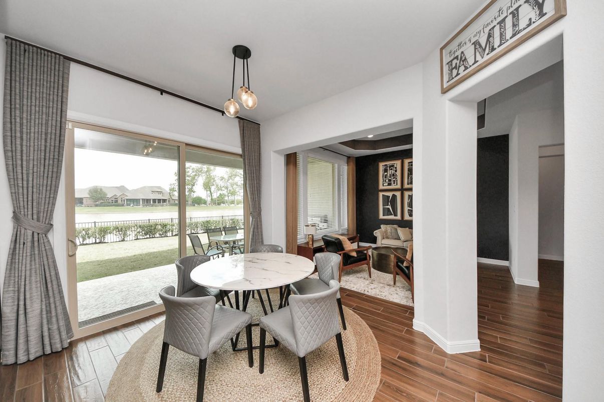 Dining room, Interior, Pendant Lights, Recessed Lighting, Wood Texture Flooring