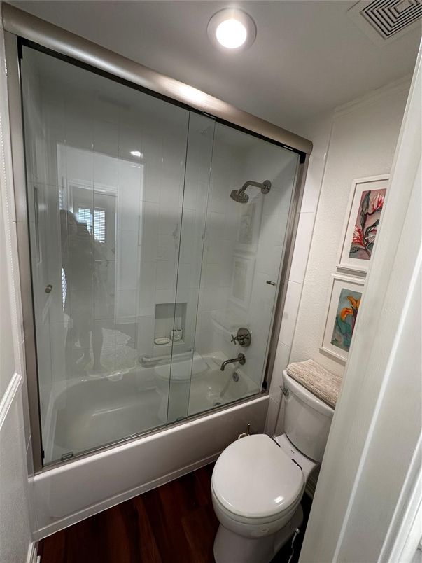 Bathroom, Glass Shower, Interior, Recessed Lighting, Wood Texture Flooring