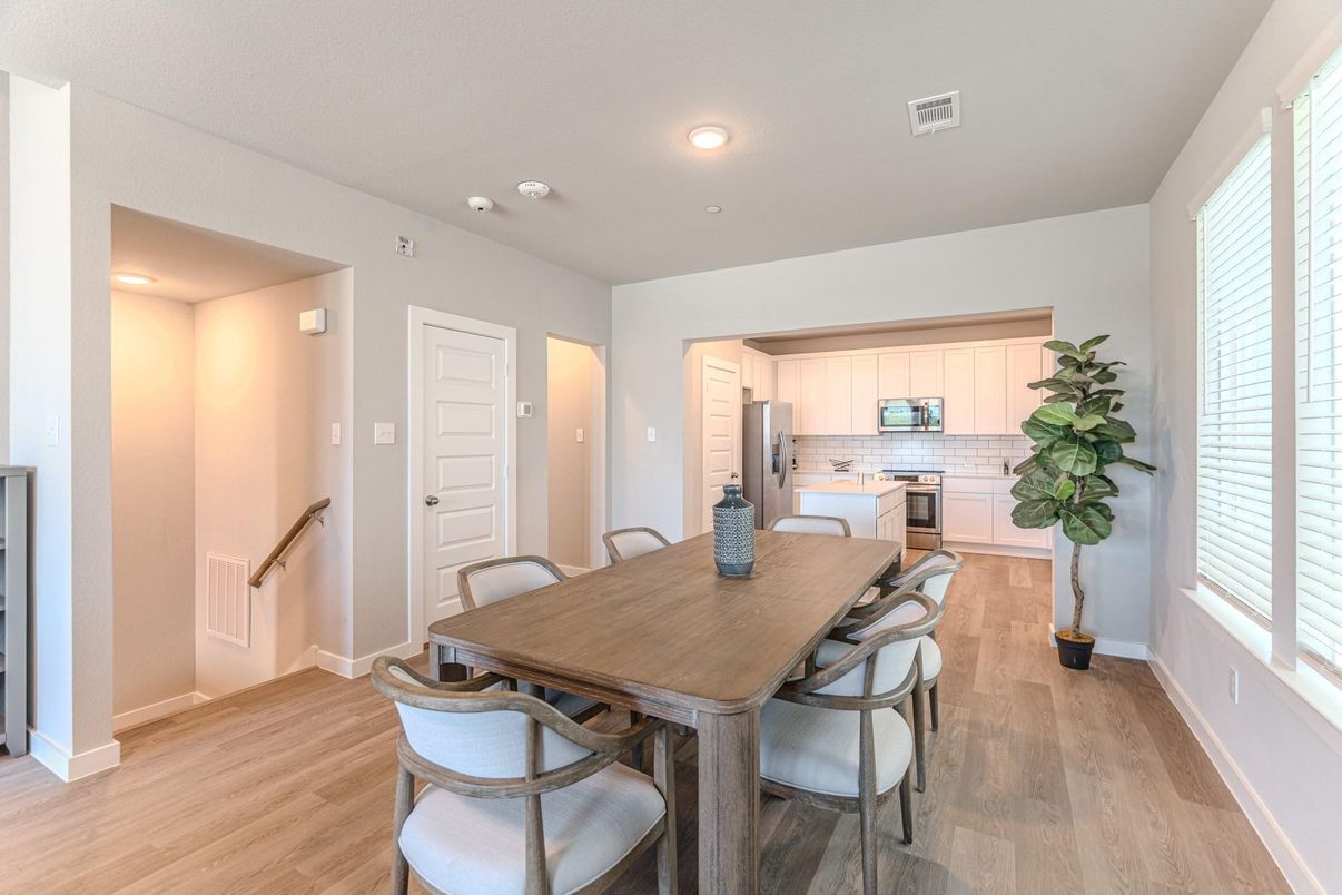 Dining room, Interior, Kitchen, Recessed Lighting, Wood Texture Flooring