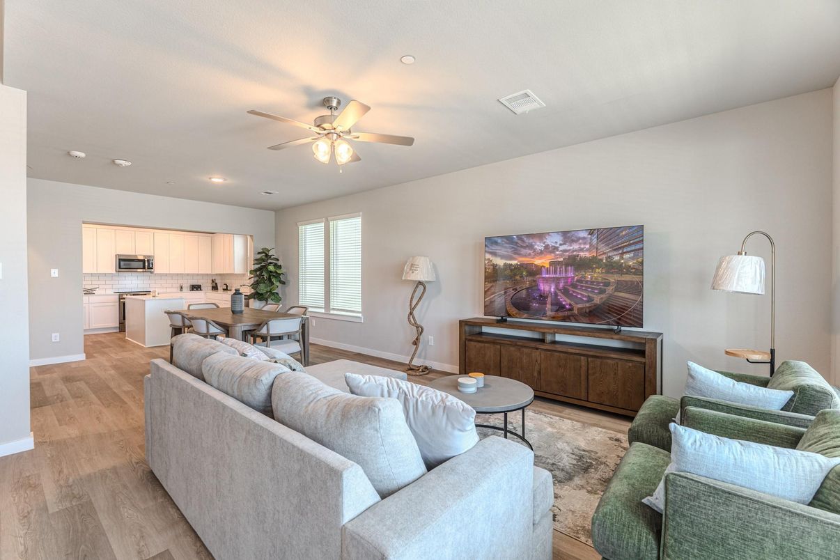 Dining room, Interior, Kitchen, Living room, Recessed Lighting, Stainless Steel Appliances, Wood Texture Flooring