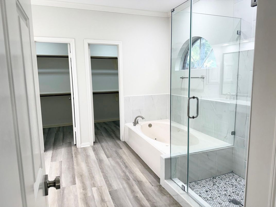 Bathroom, Glass Shower, Interior, Wood Texture Flooring