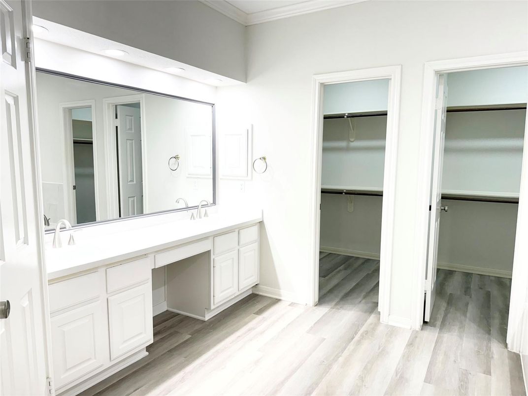Bathroom, Dual Sink Vanities, Interior, Walk-in Closets, Wood Texture Flooring