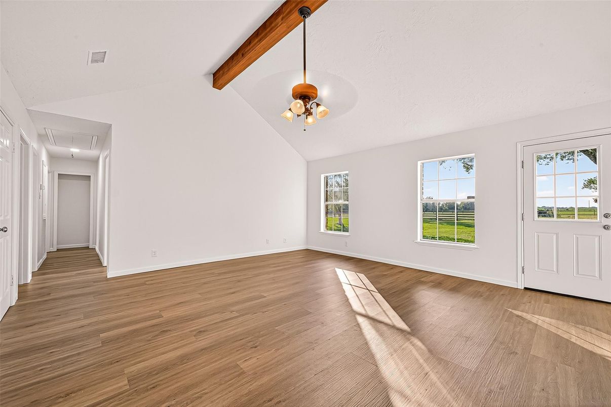 Empty room, Interior, Pendant Lights, Wooden Beams, Wood Texture Flooring