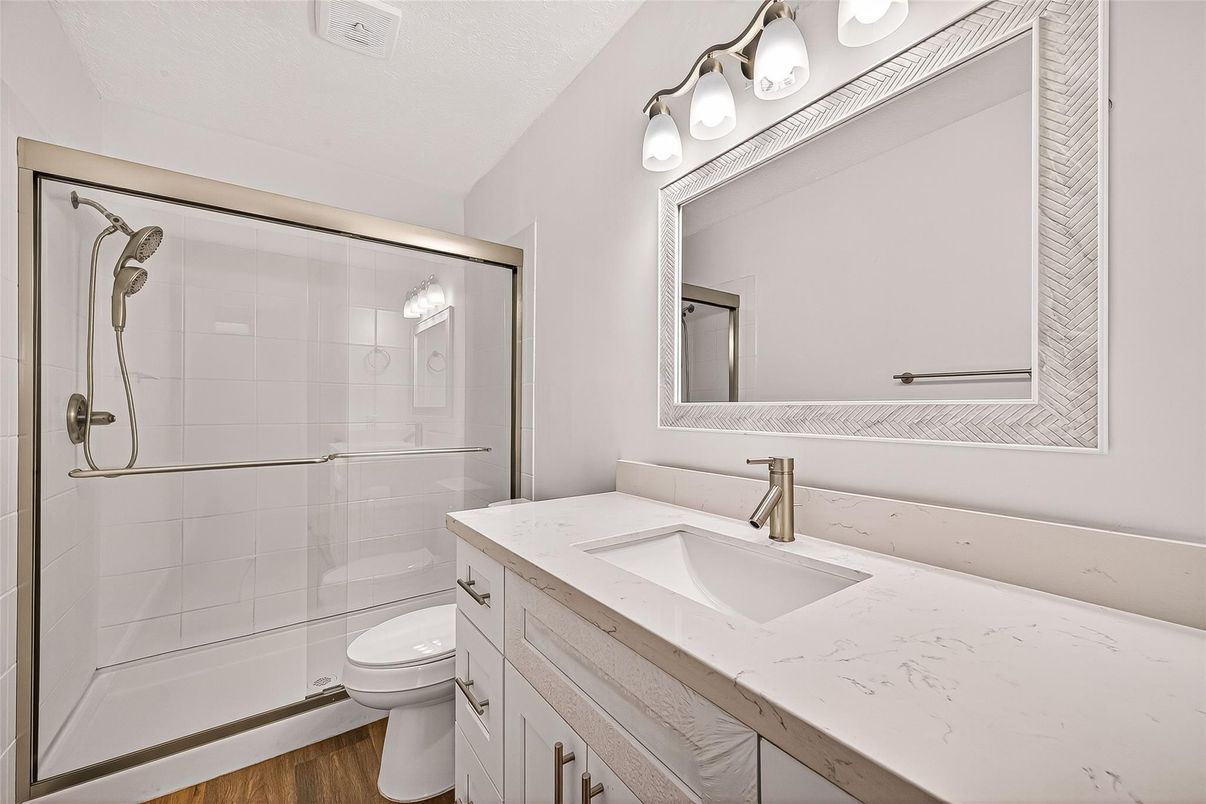 Bathroom, Glass Shower, Interior, Wood Texture Flooring
