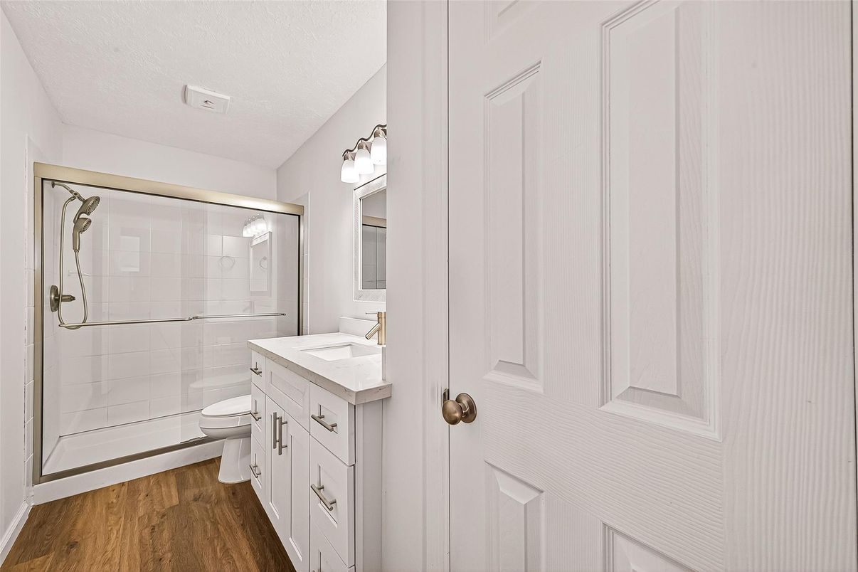 Bathroom, Glass Shower, Interior, Wood Texture Flooring