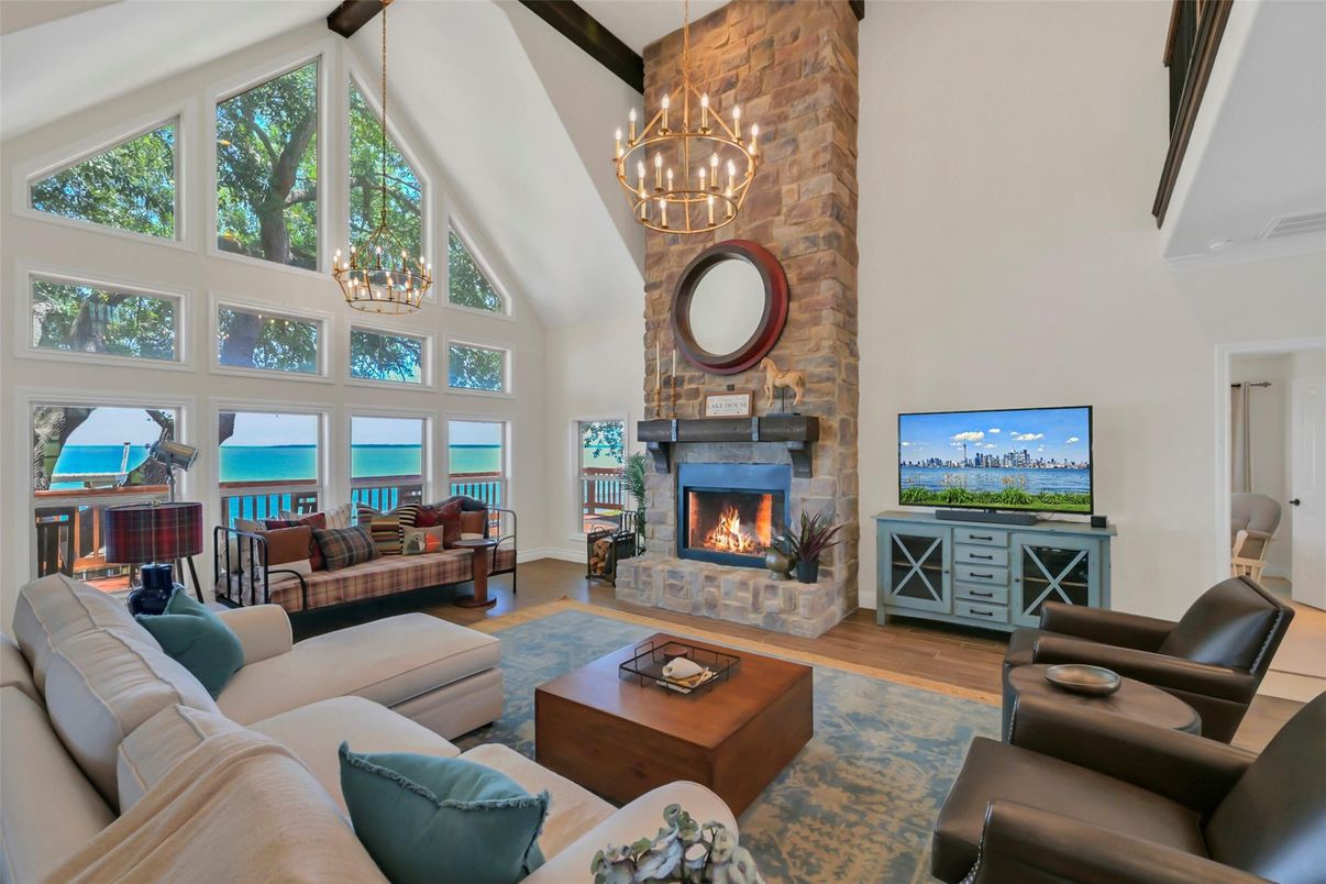 Chandelier, Fireplace, Interior, Living room, Water, Wood Texture Flooring