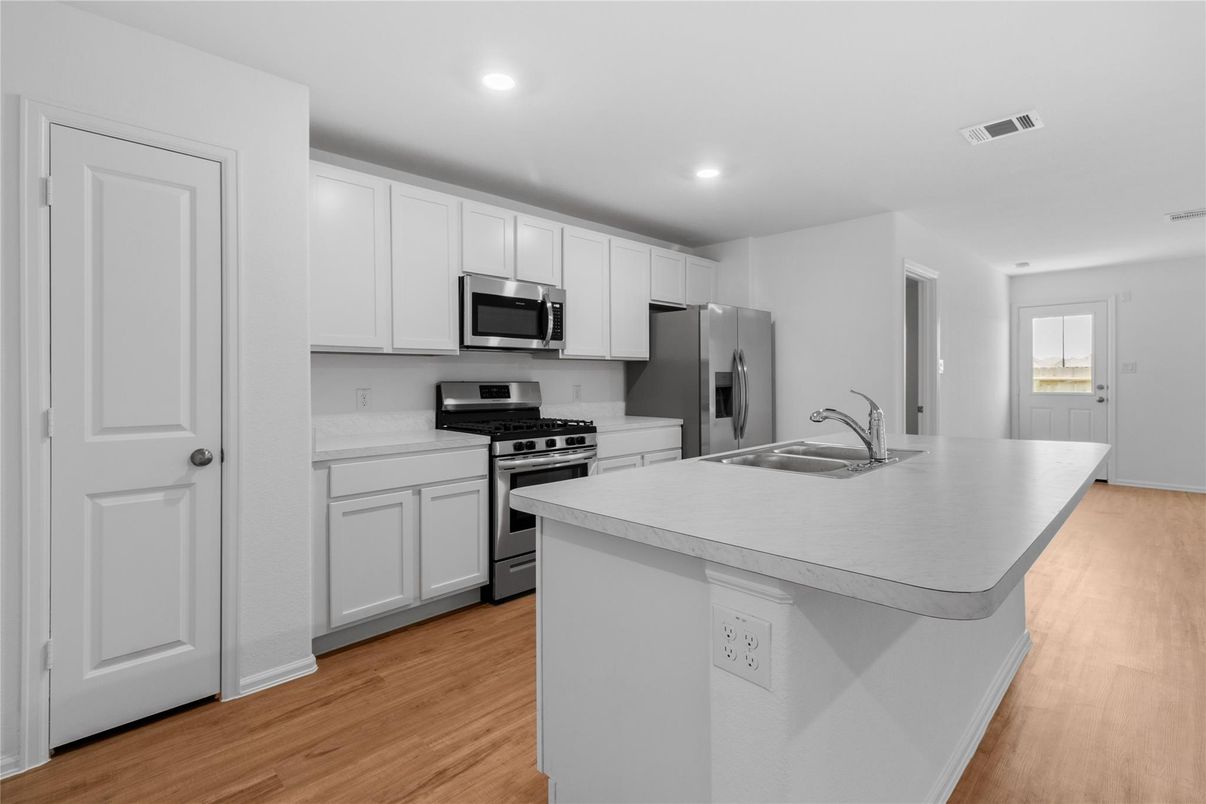 Interior, Kitchen, Recessed Lighting, Stainless Steel Appliances, Wood Texture Flooring