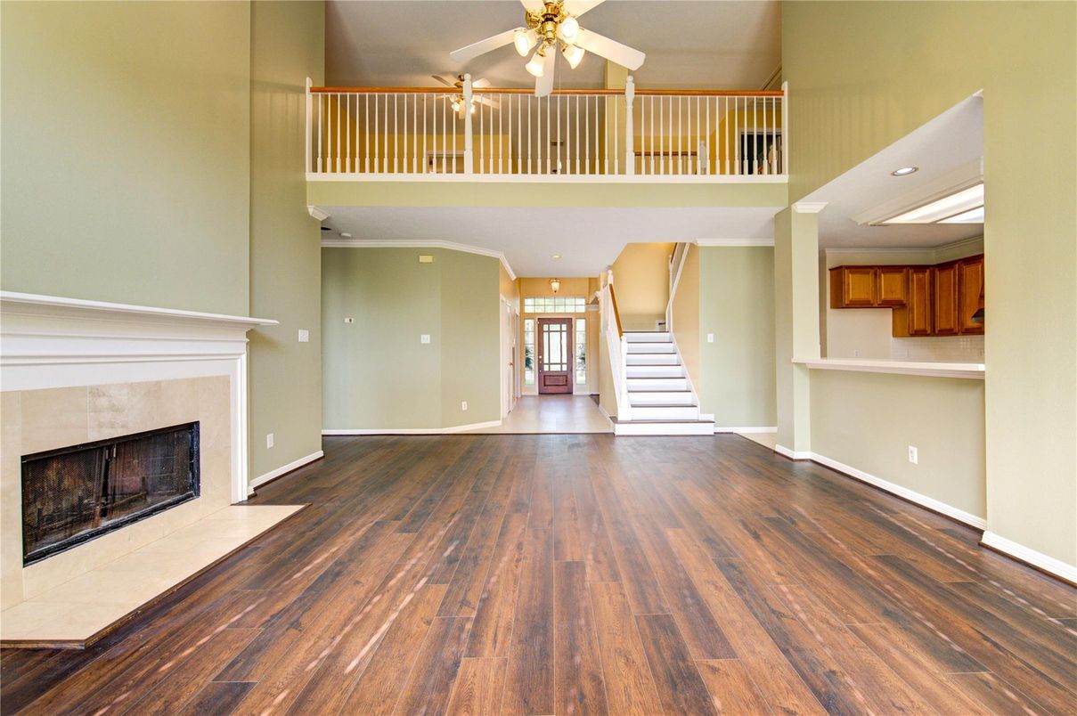 Fireplace, Interior, Recessed Lighting, Wood Texture Flooring