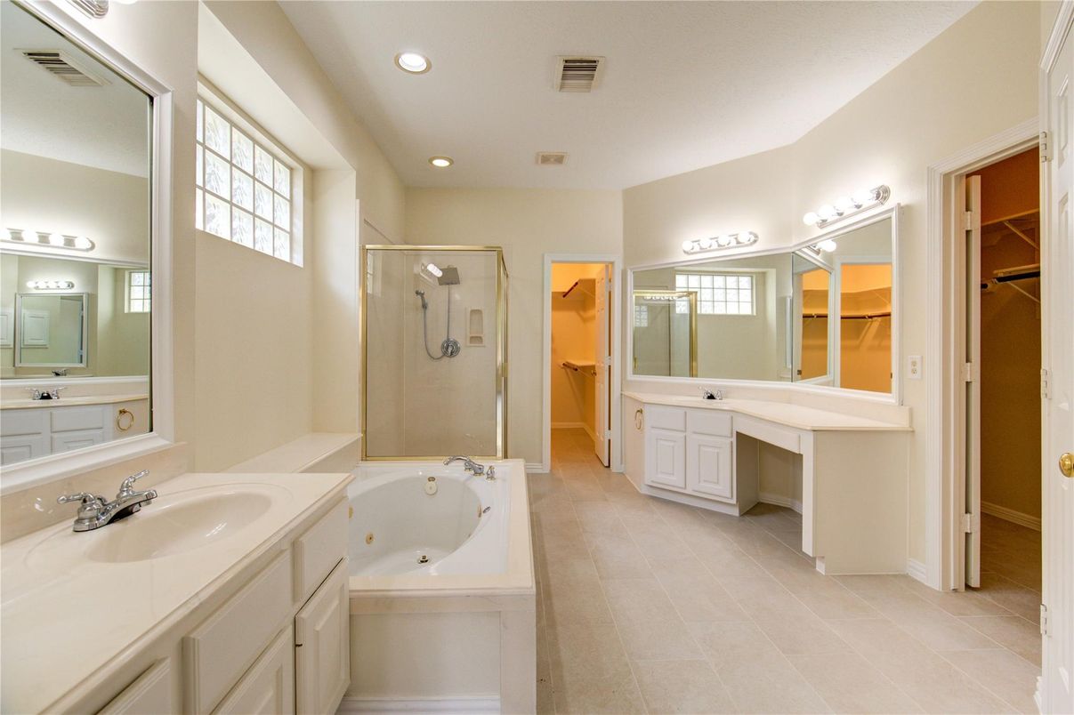 Bathroom, Dual Sink Vanities, Glass Shower, Interior, Recessed Lighting