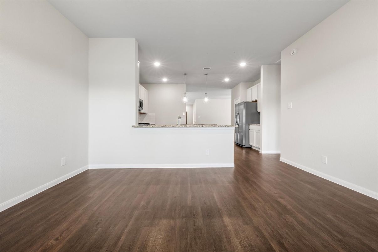 Empty room, Interior, Kitchen, Pendant Lights, Recessed Lighting, Wood Texture Flooring