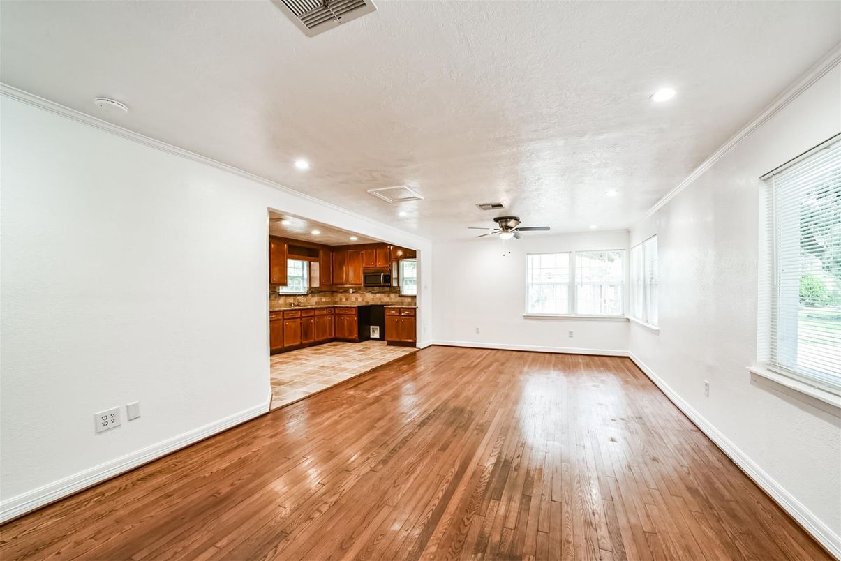 Empty room, Interior, Kitchen, Recessed Lighting, Wood Texture Flooring