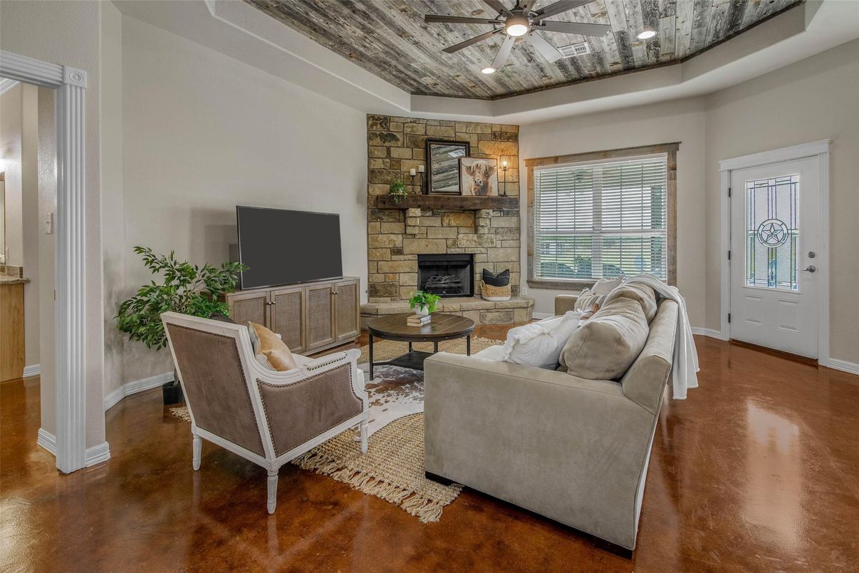 Fireplace, Interior, Living room, Stone Walls, Wood Texture Flooring