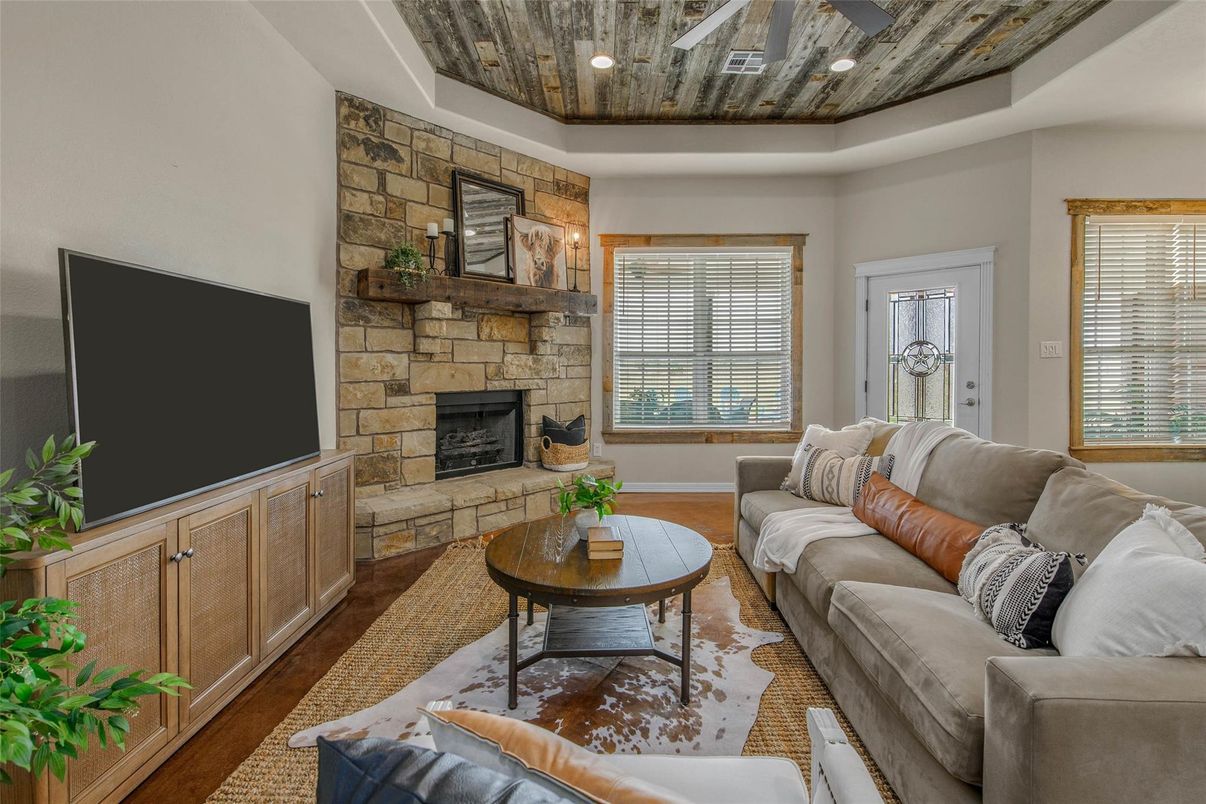 Fireplace, Interior, Living room, Recessed Lighting, Stone Walls, Wooden Ceilings, Wood Texture Flooring