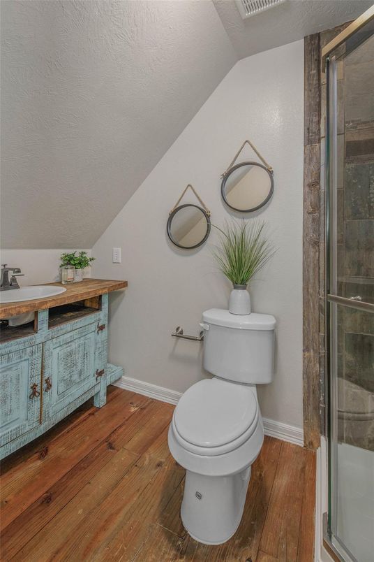 Bathroom, Glass Shower, Interior, Wood Texture Flooring