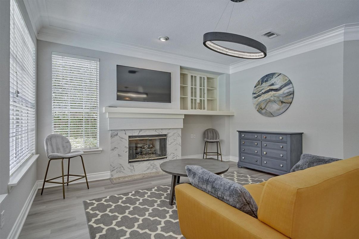 Fireplace, Interior, Pendant Lights, Recessed Lighting, Wood Texture Flooring
