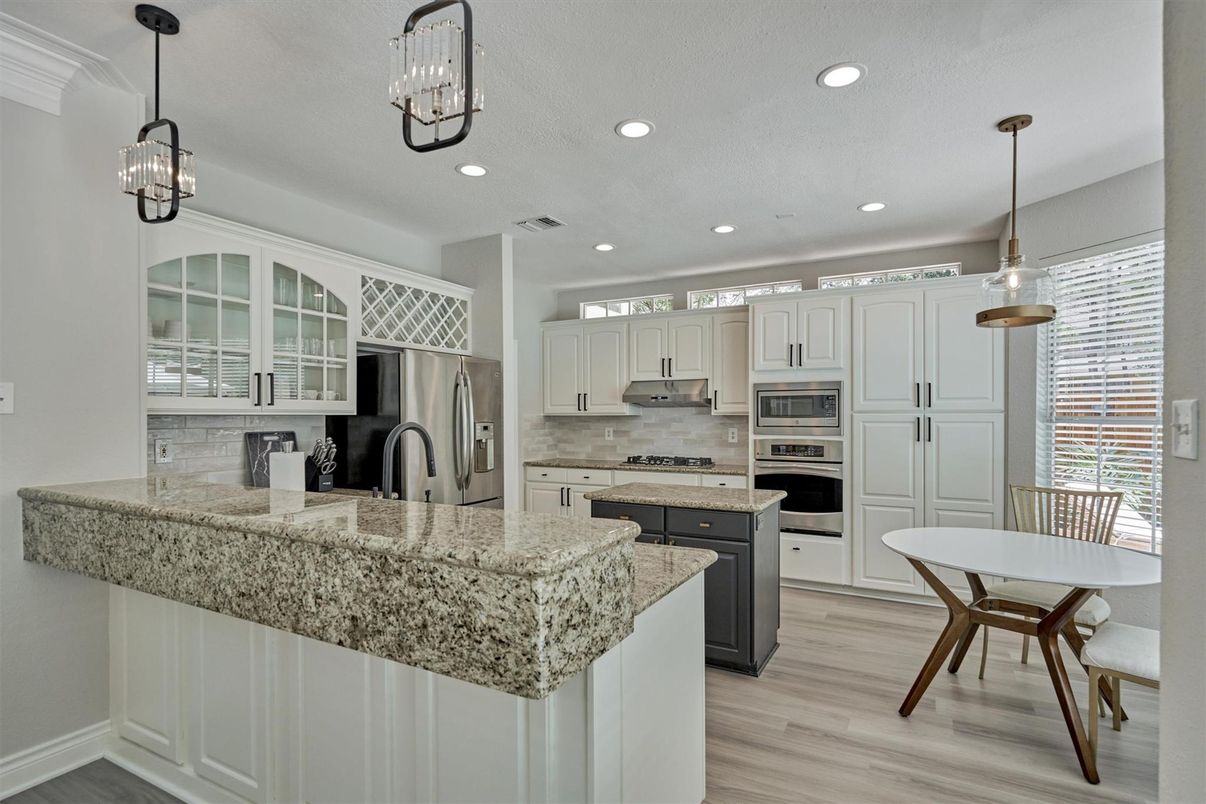 Interior, Kitchen, Pendant Lights, Recessed Lighting, Stainless Steel Appliances, Wood Texture Flooring
