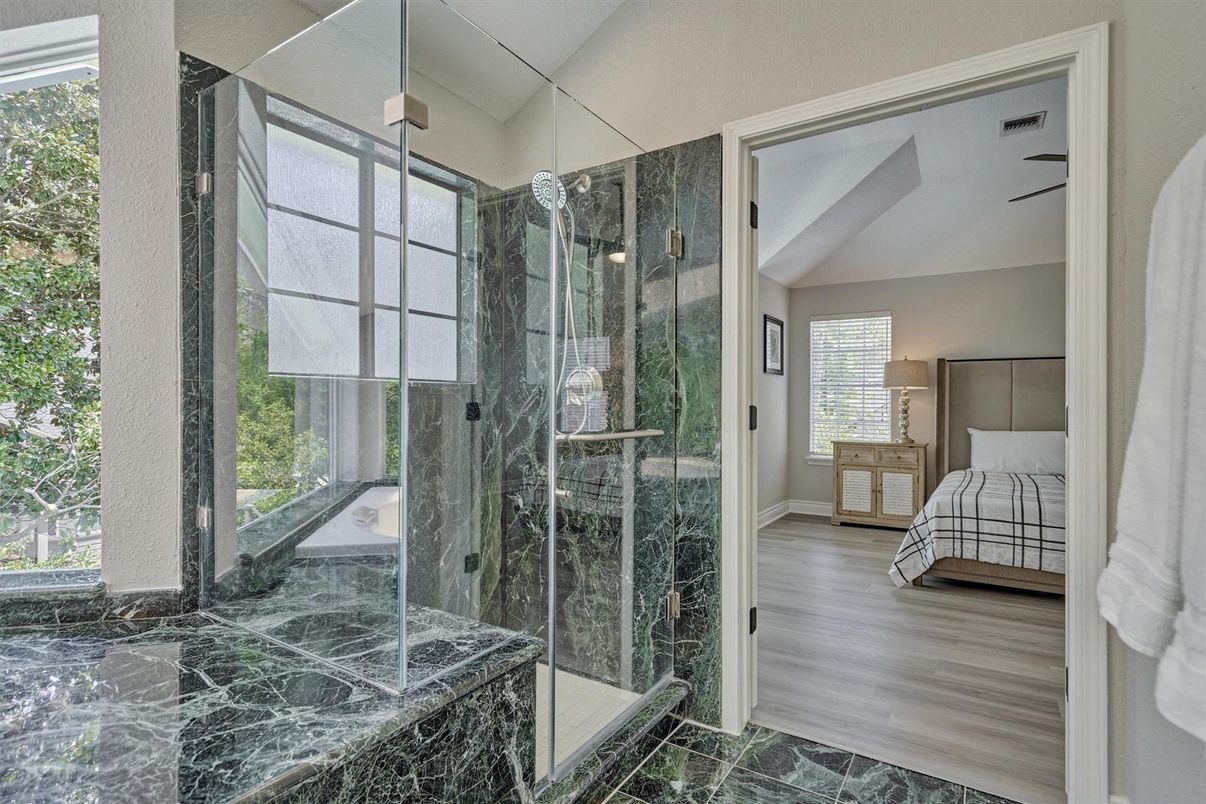 Bathroom, Bedroom, Glass Shower, Interior, Marble, Wood Texture Flooring