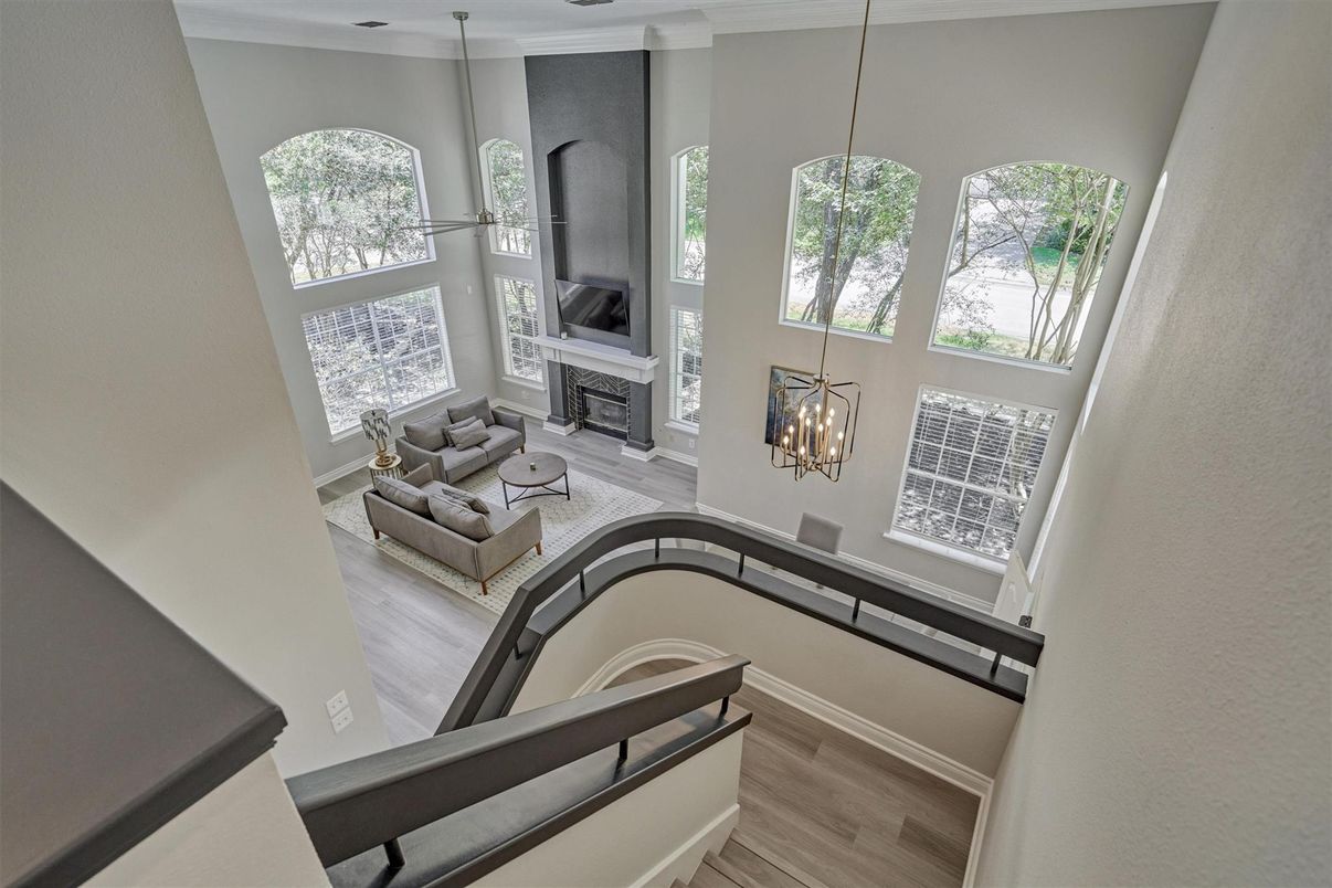 Fireplace, Interior, Living room, Pendant Lights, Wood Texture Flooring