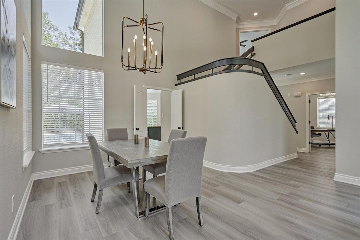 Dining room, Interior, Pendant Lights, Recessed Lighting, Wood Texture Flooring