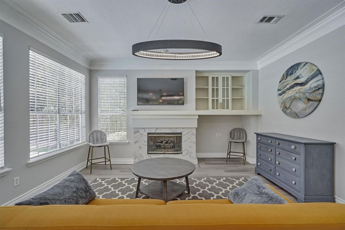 Fireplace, Interior, Pendant Lights, Wood Texture Flooring