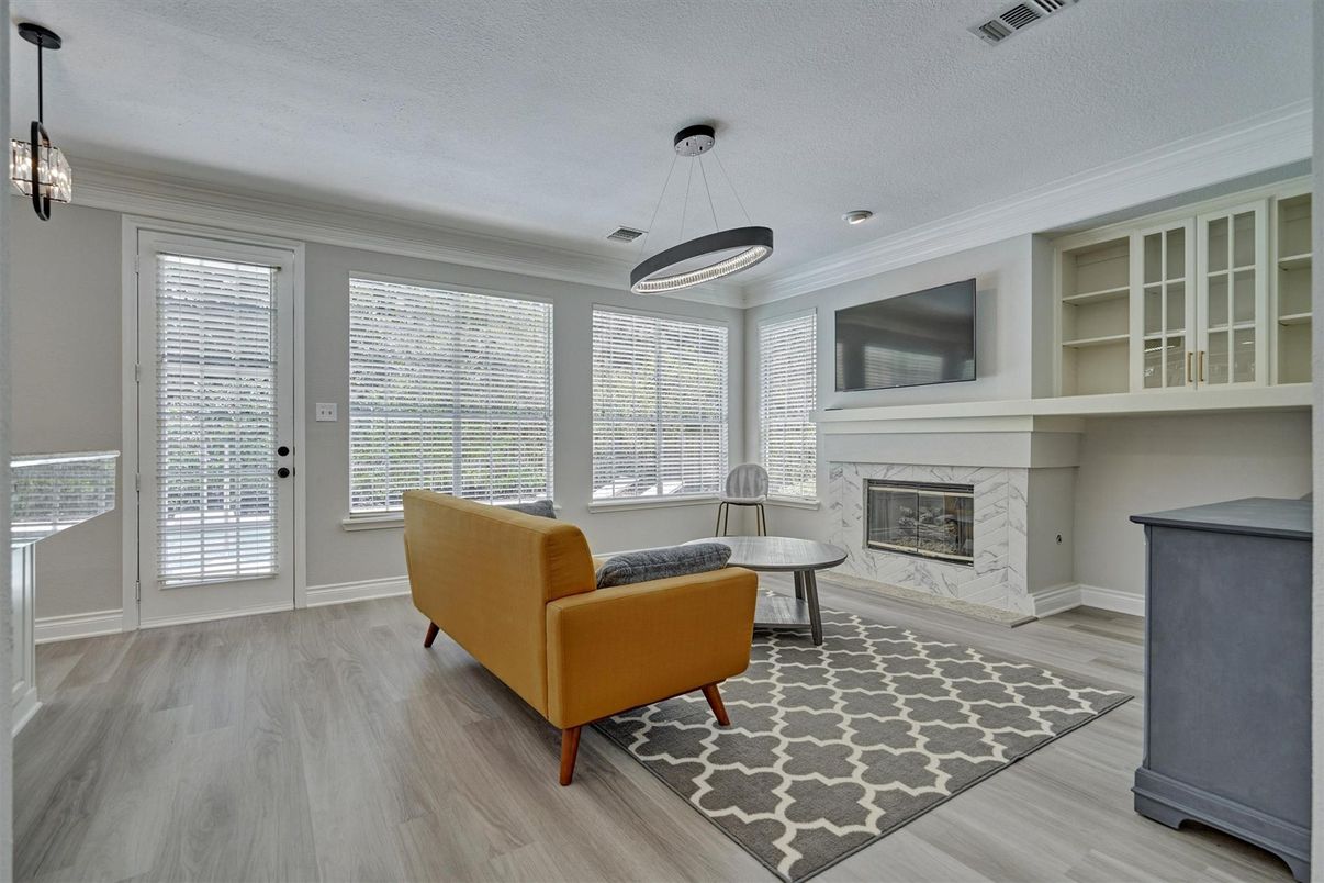 Fireplace, Interior, Pendant Lights, Recessed Lighting, Wood Texture Flooring