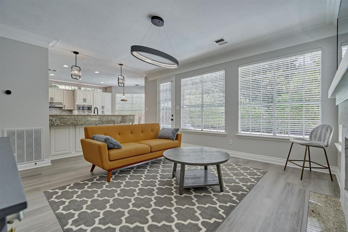 Interior, Kitchen, Living room, Pendant Lights, Recessed Lighting, Wood Texture Flooring