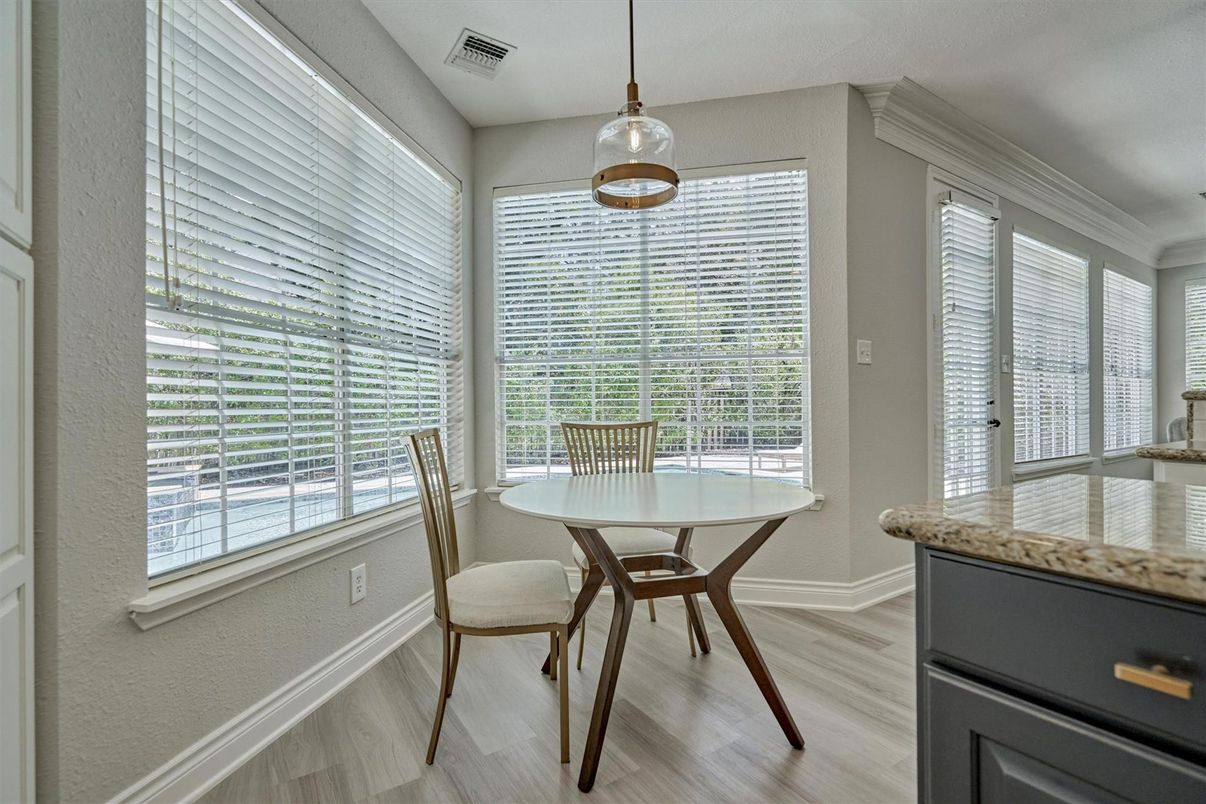 Dining room, Interior, Pendant Lights, Wood Texture Flooring