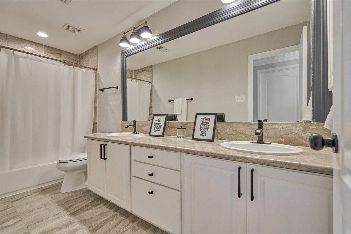 Bathroom, Dual Sink Vanities, Interior, Recessed Lighting, Wood Texture Flooring