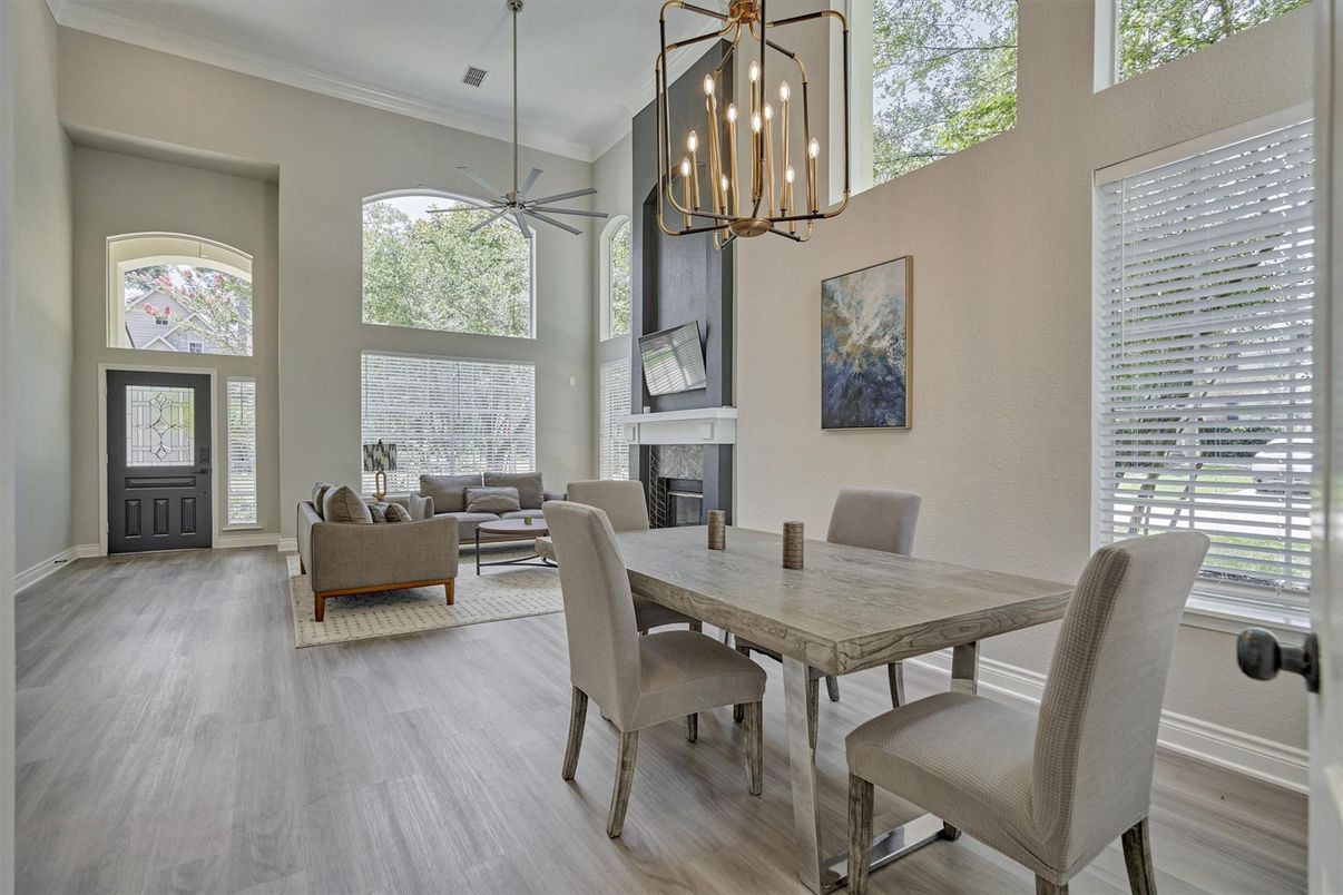 Dining room, Fireplace, Interior, Living room, Pendant Lights, Wood Texture Flooring