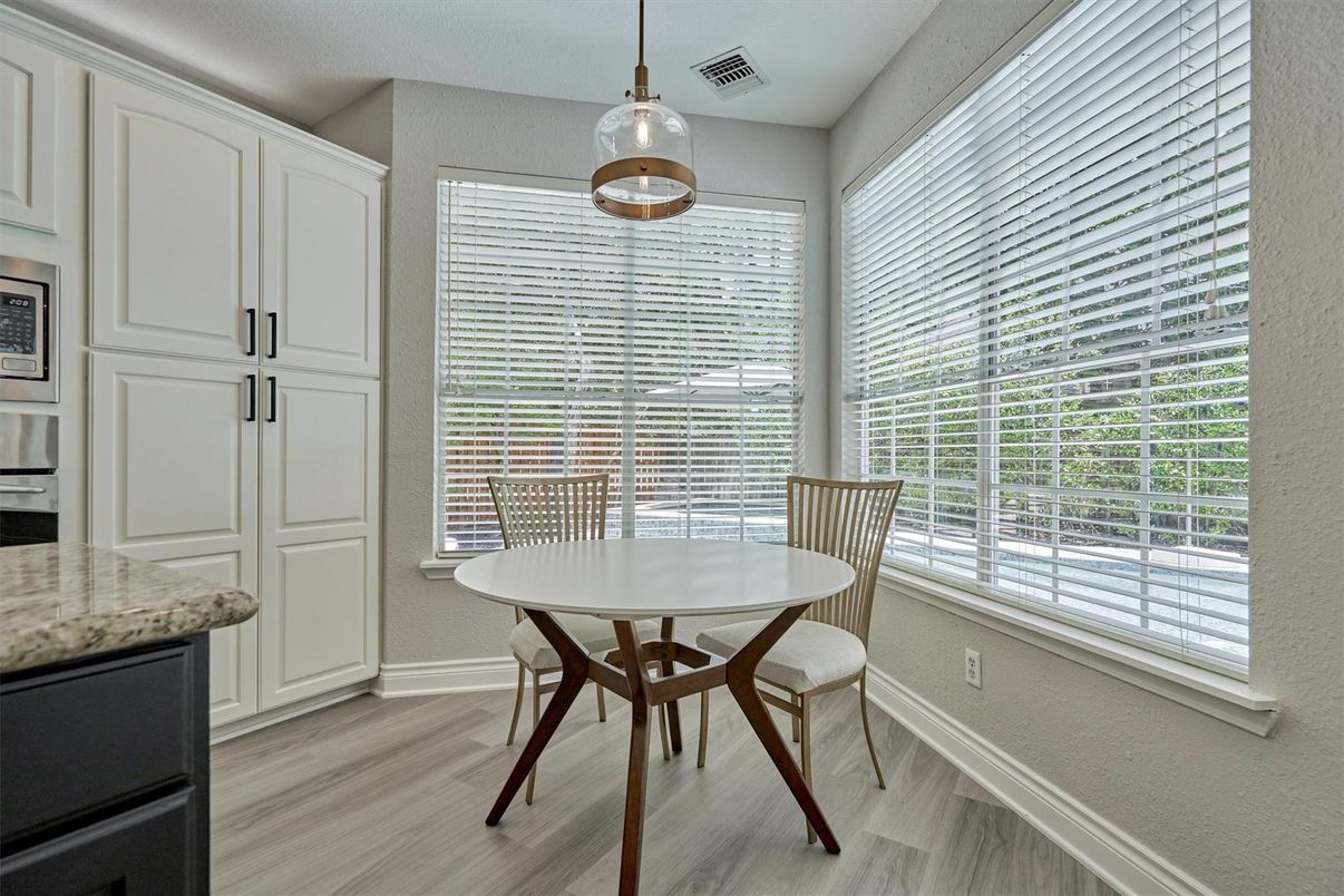 Dining room, Interior, Pendant Lights, Wood Texture Flooring