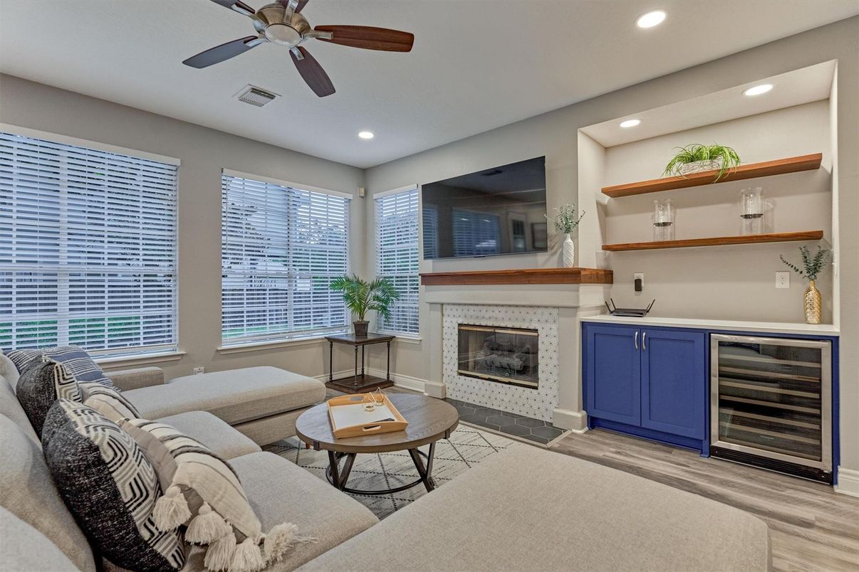 Fireplace, Interior, Living room, Recessed Lighting, Wood Texture Flooring