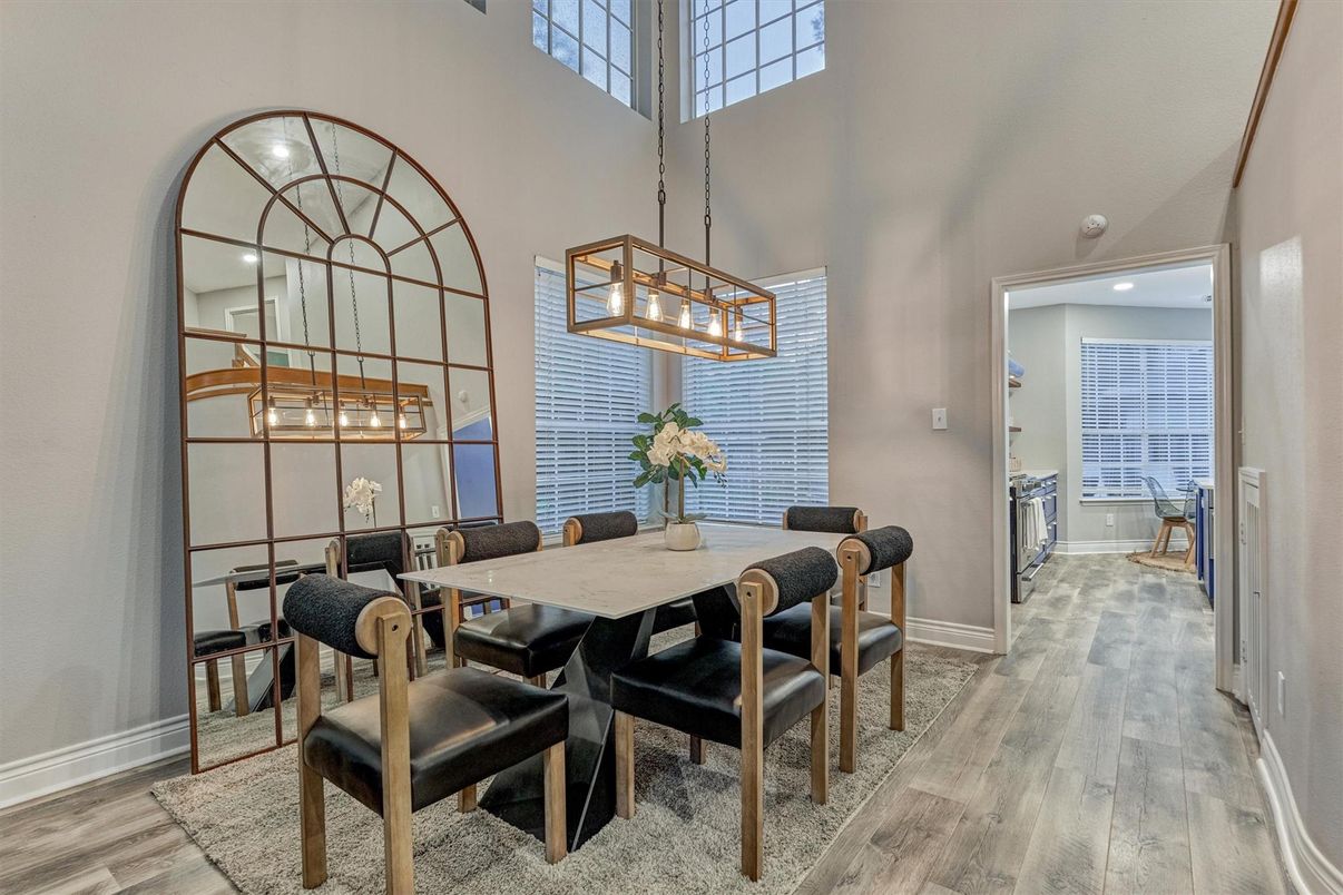 Dining room, Interior, Pendant Lights, Wood Texture Flooring
