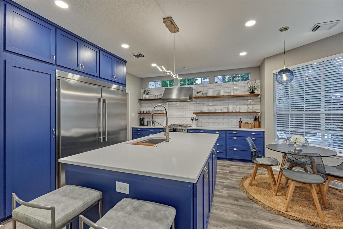 Interior, Kitchen, Pendant Lights, Recessed Lighting, Stainless Steel Appliances, Wood Texture Flooring