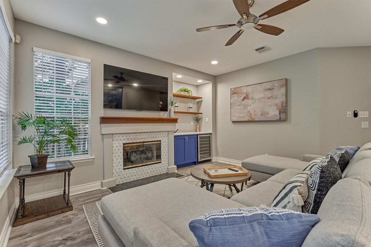 Fireplace, Interior, Living room, Recessed Lighting, Wood Texture Flooring
