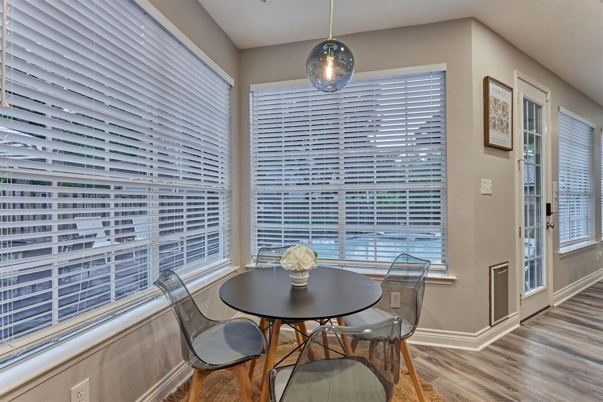 Dining room, Interior, Pendant Lights, Wood Texture Flooring