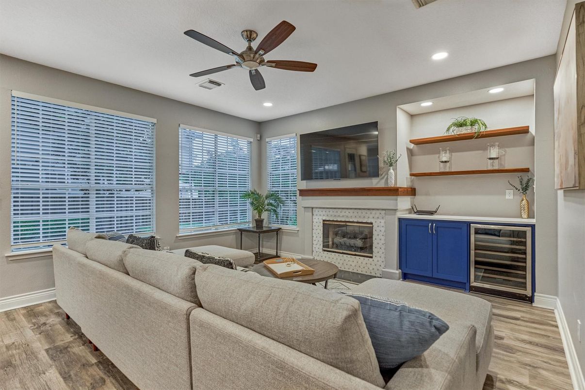 Fireplace, Interior, Living room, Recessed Lighting, Wood Texture Flooring