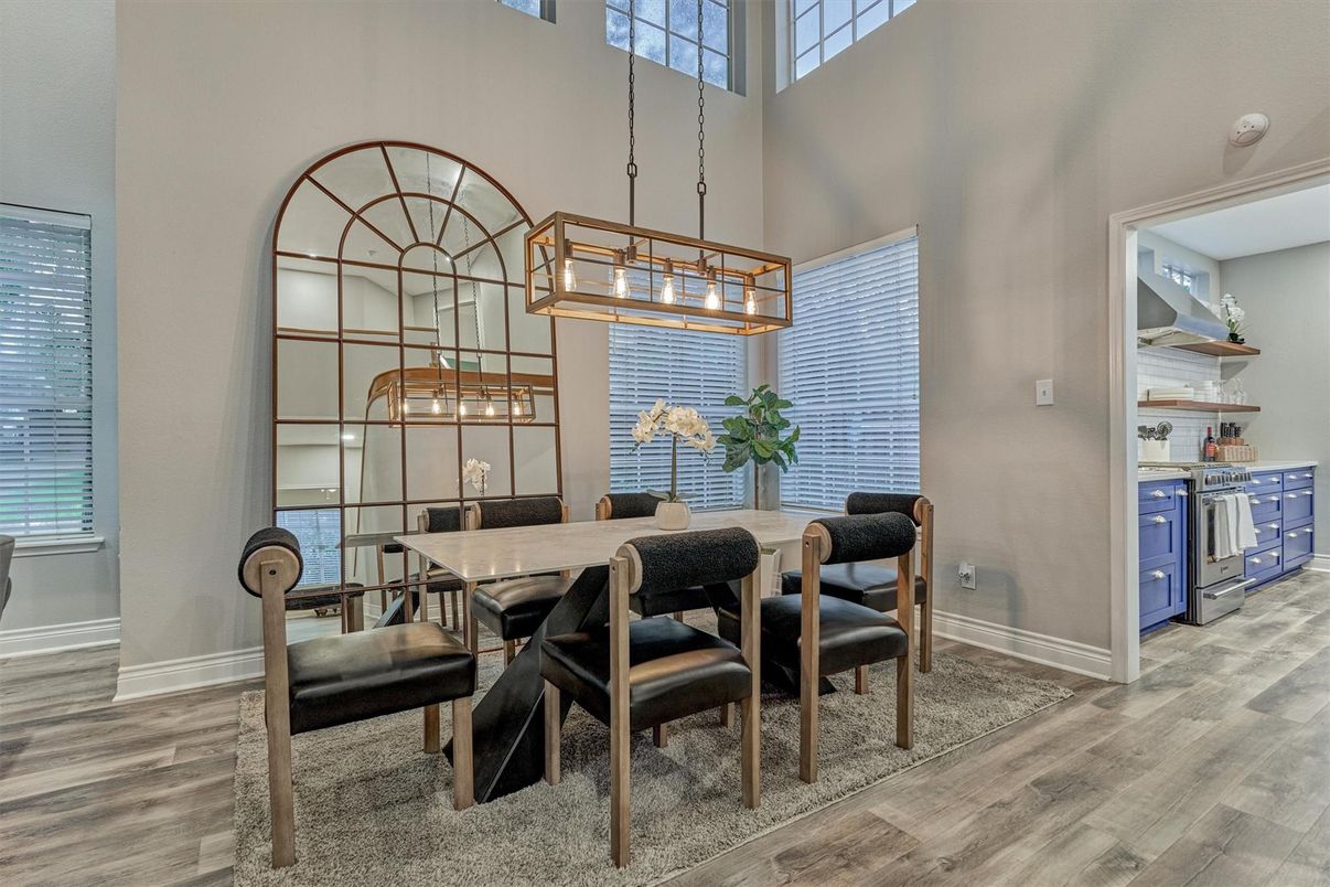 Dining room, Interior, Pendant Lights, Wood Texture Flooring