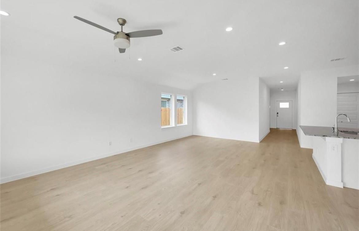 Empty room, Interior, Kitchen, Recessed Lighting, Wood Texture Flooring