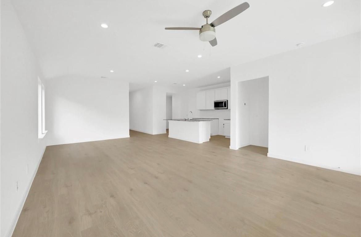 Empty room, Interior, Kitchen, Recessed Lighting, Wood Texture Flooring