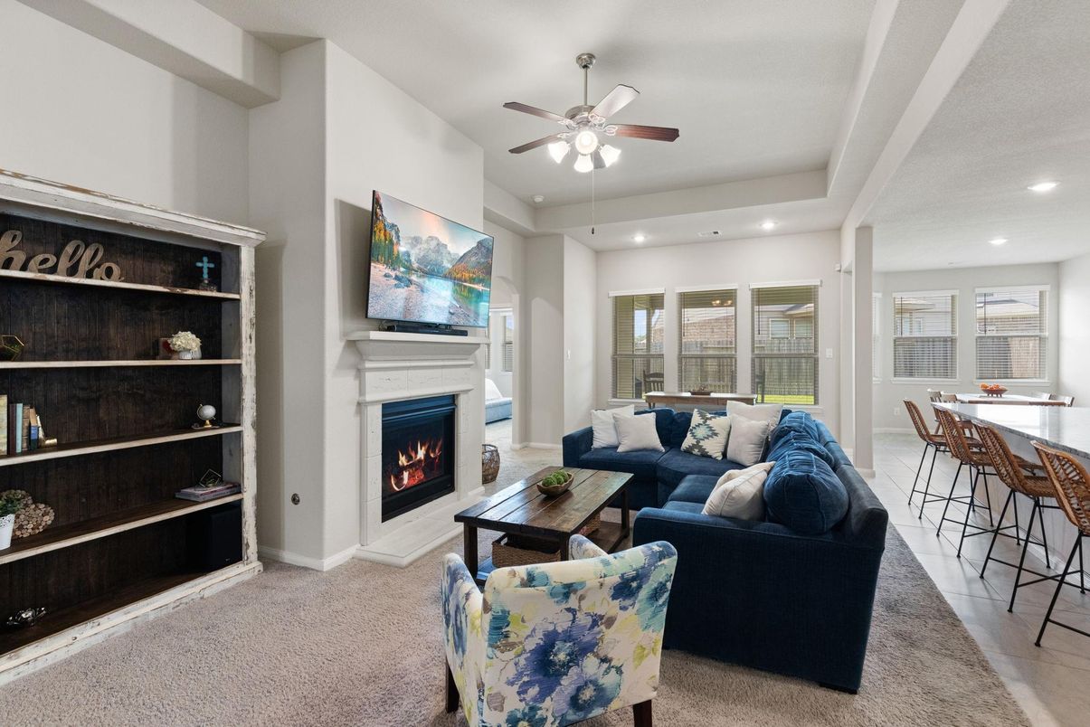 Dining room, Fireplace, Interior, Living room, Recessed Lighting