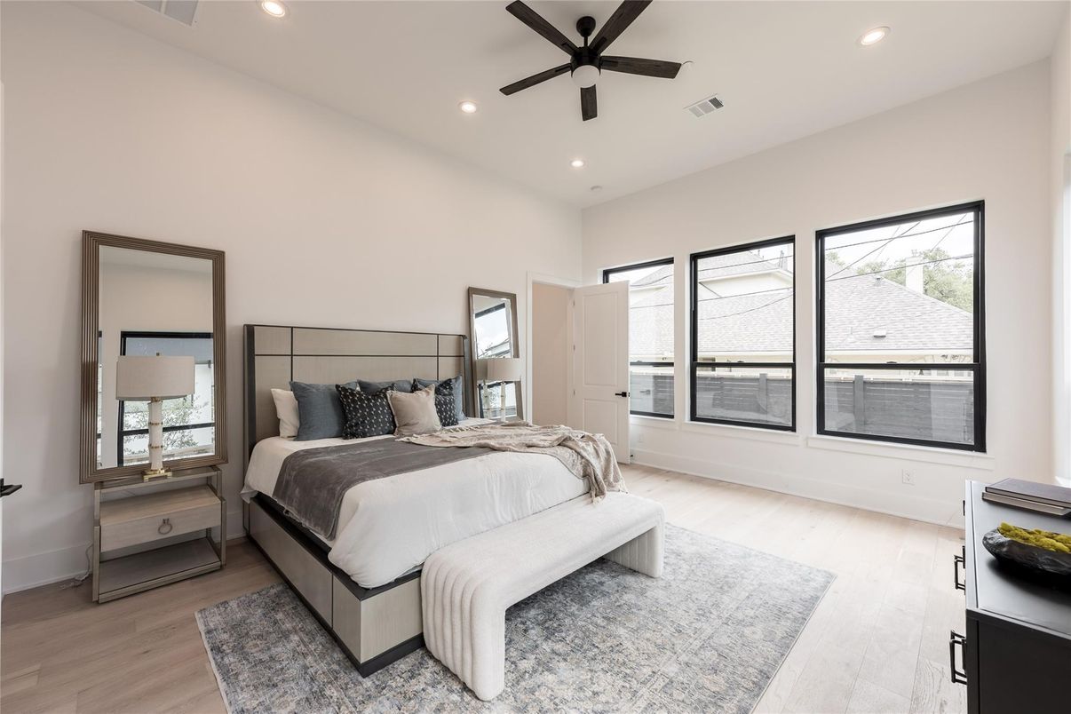 Bedroom, Interior, Recessed Lighting, Wood Texture Flooring