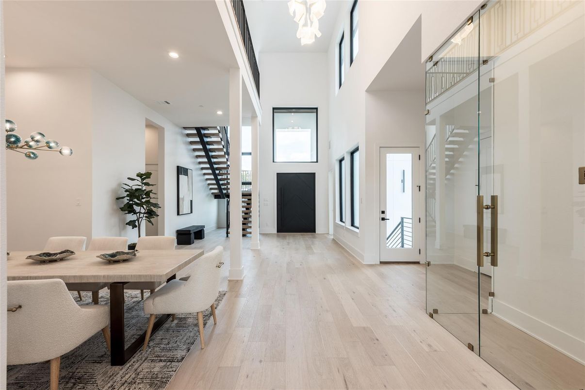 Dining room, Interior, Pendant Lights, Recessed Lighting, Wood Texture Flooring