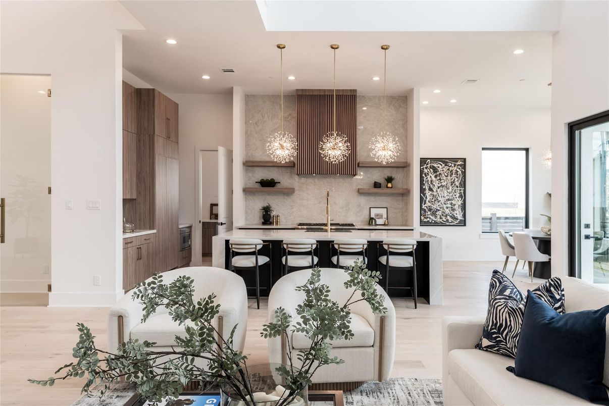 Dining room, Interior, Kitchen, Living room, Pendant Lights, Recessed Lighting, Wood Texture Flooring