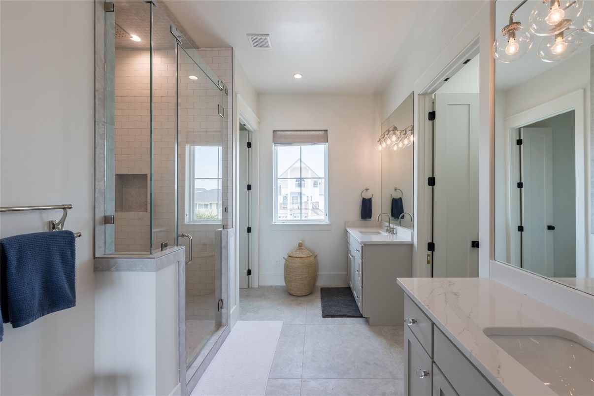 Bathroom, Dual Sink Vanities, Glass Shower, Interior, Recessed Lighting