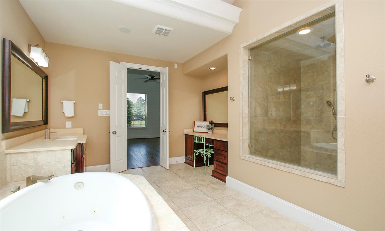 Bathroom, Dual Sink Vanities, Glass Shower, Interior, Recessed Lighting
