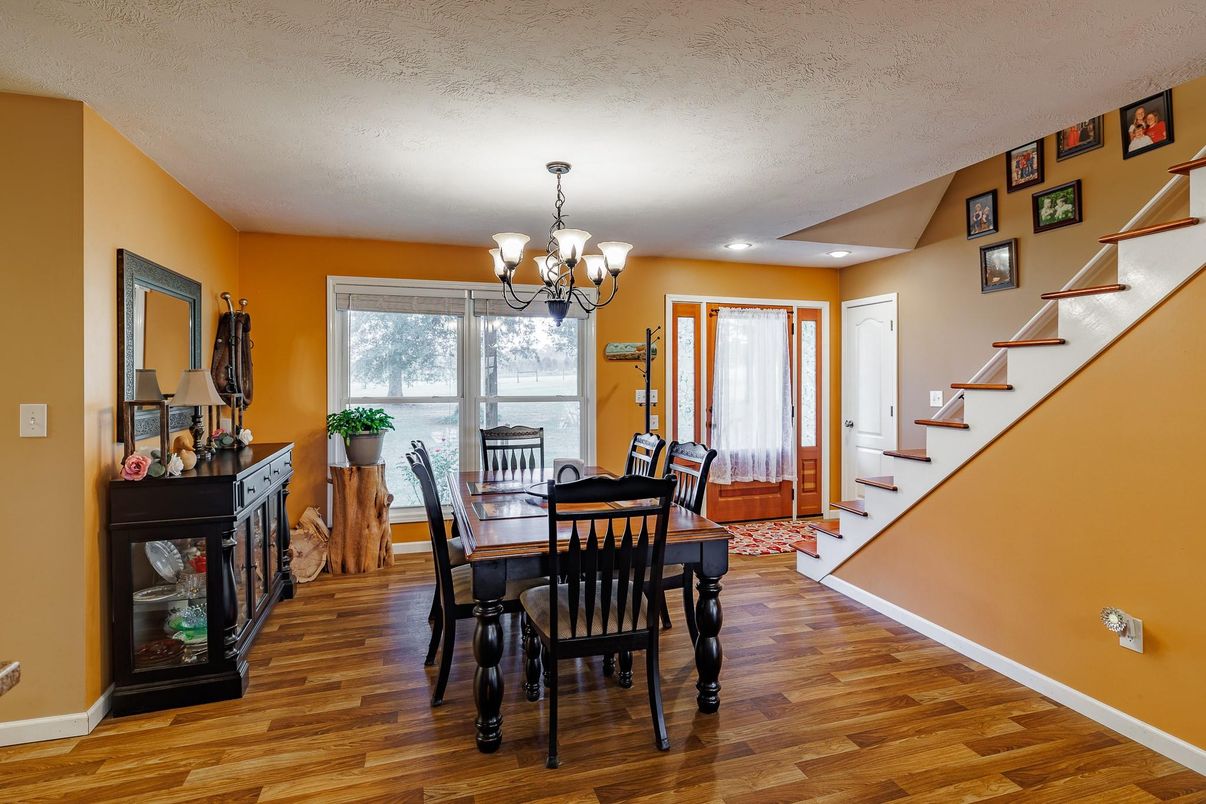 Chandelier, Dining room, Interior, Recessed Lighting, Wood Texture Flooring