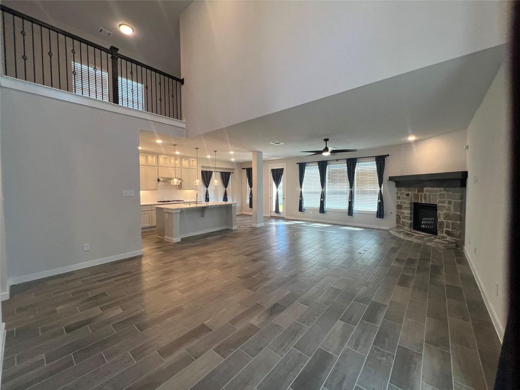 Fireplace, Interior, Kitchen, Pendant Lights, Recessed Lighting, Wood Texture Flooring
